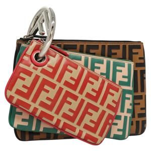 FENDI Zucca Canvas Triplet Pouch Black Brown Red Auth ac3770